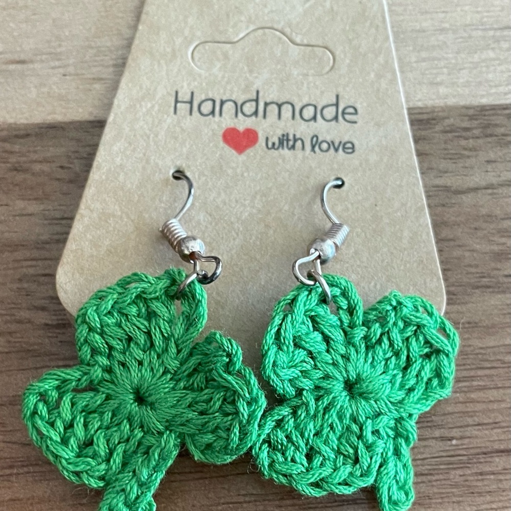 Green Crochet Shamrock Earrings Handmade Lightweight Cotton Thread Irish/St. Pat